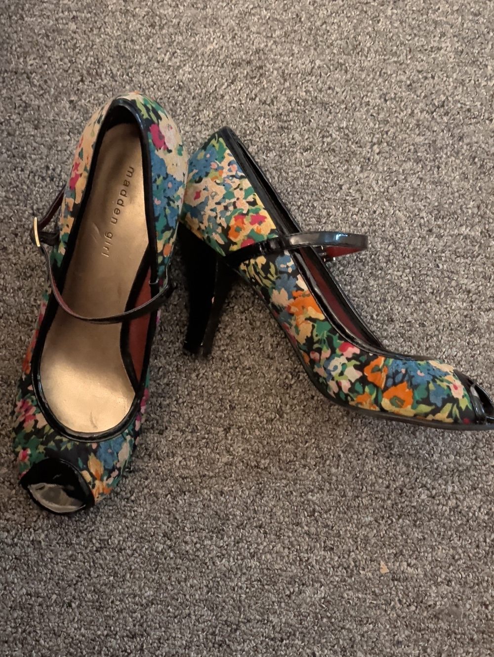 Madden Girl Floral Peep-Toe Mary Jane Heels in Multi-Color